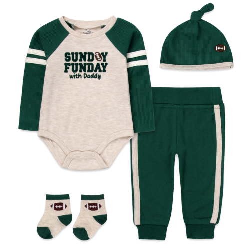 Baby Essentials Infant Boy 4 Piece Football Outfit Set with Bodysuit, Pants, Hat & Socks (Green Sunday Funday With Daddy, 9 months)