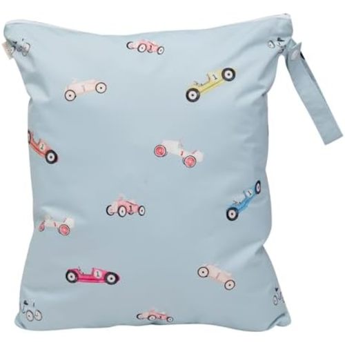 Ali+Oli Water Resistant Dual-Compartment Wet-Dry Bag for Travel, Hook to Stroller, Daycare, Diapers, Diaper Bag, Clutch Bag,15x12 inches (Retro Cars)