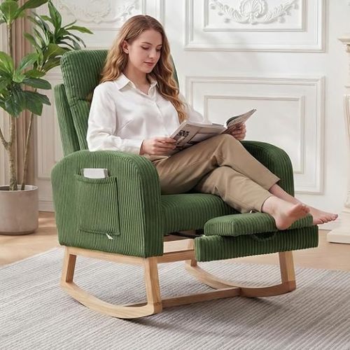 Garvee Nursery Rocking Chair, Corduroy Upholstered Rocking Chair with Adjustable Footrest, Tufted Rocker Chair with Side Pocket, Glider Rocker for Living Room, Bedroom