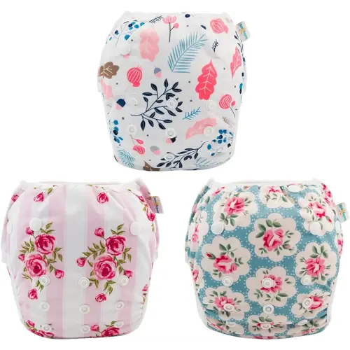 Babygoal Reusable Baby Girl Swim Diapers 3 Pack - Adjustable Washable for 0-8 Months Infants - Ideal for Swimming Lessons - Flower Design