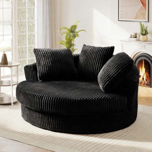 Muumblus 61" Oversized Round Boneless Lounge Chaise Chair Indoor, Corduroy Deep Seat Cloud Couch Sleeper Sofa Bed with 3 Pillows, No Assembly Barrel Chair for Living Room, Black