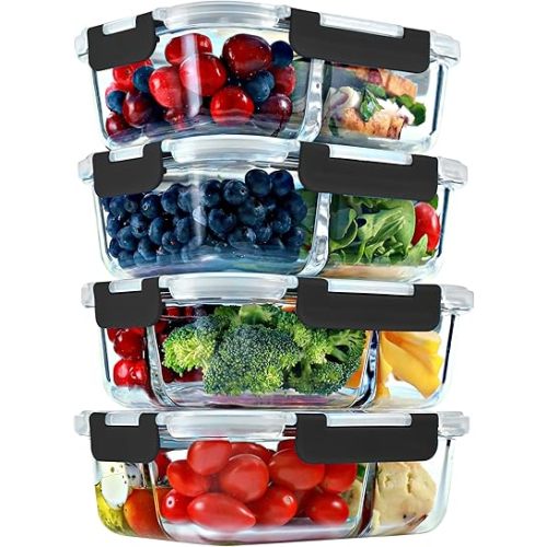 Glass Meal Prep Containers 2 and 3 Compartments, Leak-Proof, 32 oz, 4 Pack