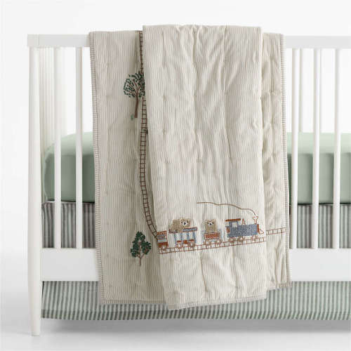 Teddy Train Embroidered Organic Cotton Baby Crib Quilt