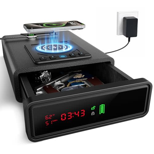 XDeer Biometric Gun Safe for Handgun with Wireless Charging, Quick Access Fingerprint Gun Safes, Bedside Pistol Case, 7/24 Digital Alarm Clock Small safe 1PCS