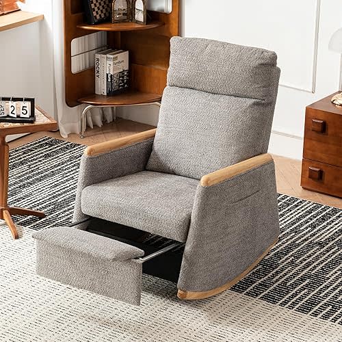 Rocking Chair Nursery Glider Chair with Foot Rest, Nursery Rocking Chairs with Rubber Wood Legs Side Pocket, High Back Nursing Chair, Accent Rocker Arm Chair Baby Bedroom, Living Room (Grey)