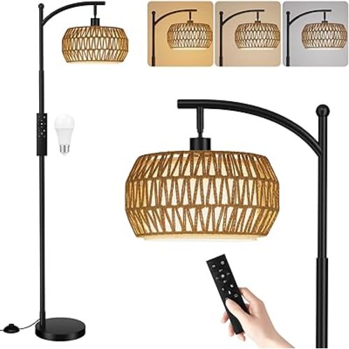 Ambimall Arc Floor Lamp for Living Room with Remote, Color Temperature & Brightness Adjustable, Bohemia Standing Lamp with Rattan & Fabric Double Drum Shades, Bulb Included(Black)