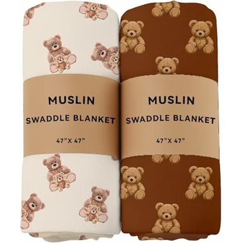 Baby Muslin Swaddle Blankets Bear 100% Cotton Breathable Receiving Blankets Soft and Large 47 x 47 Inches Newborn Essentials Gift for Baby Shower