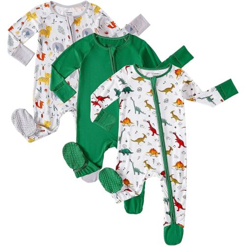 OPAWO Bamboo Baby Pajamas 3 Pack, 2 Way Zipper Newborn Footie Pajamas with Mitten Cuffs, Bamboo Sleepers for Baby Girl Onesie
