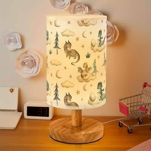 Cute Dragon Bedside Table Lamp for Bedroom with USB Port (White) | Funny Cozy Kids Nightstand Lamp with Wood Base Polyester Fabric Shade for Living Room Dorm Desk