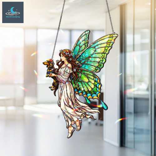 Fairy Hugging Dachshund Hologram Acrylic Window Hanging, Fairy Suncatcher, Home Decor, Gift Fairy Lover, Gift For Her