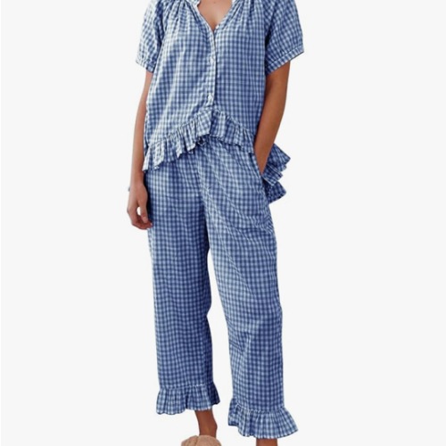 COZYPOIN Womens Gingham Pajama Set 2 Piece Plaid Cotton Pjs Cute Ruffle Sleepwear Maternity Bridesmaid Pajamas Loungewear