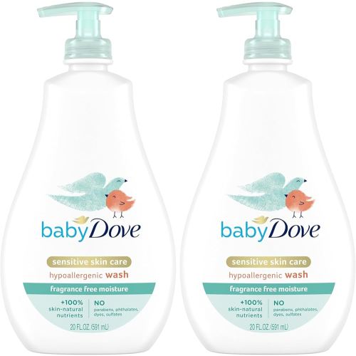 Baby Dove Sensitive Skin Care Baby Wash For Bath Time, Moisture Fragrance Free and Hypoallergenic, Washes Away Bacteria 20 oz (Pack of 2)