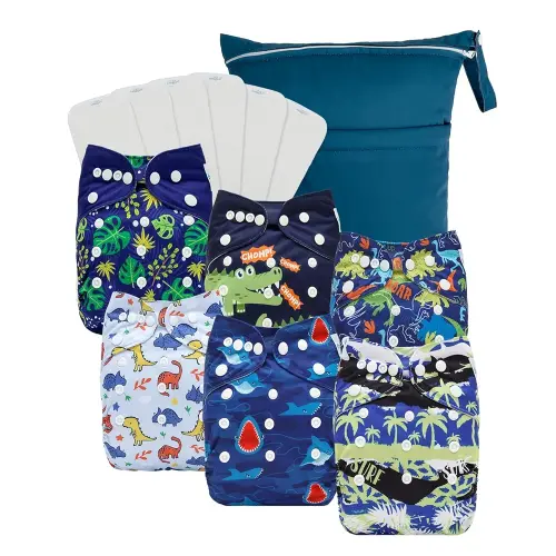 Babygoal Baby Cloth Diaper 6 Pack with 6pcs Inserts and Wet Bag for Fitted Diapers and Prefolds, Adjustable and Reusable Covers for Toddler Boys and Girls