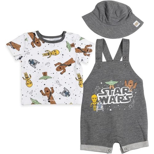 STAR WARS Chewbacca R2-D2 Yoda Baby French Terry Short Overalls T-Shirt and Hat 3 Piece Outfit Set Newborn to Infant