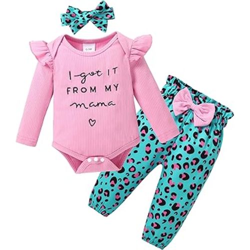 DISAUR Baby Girls Clothes Newborn Infant Baby Girls Outfit Long Sleeve Ruffle Romper Floral Pants Headband Sets 0-18 Months