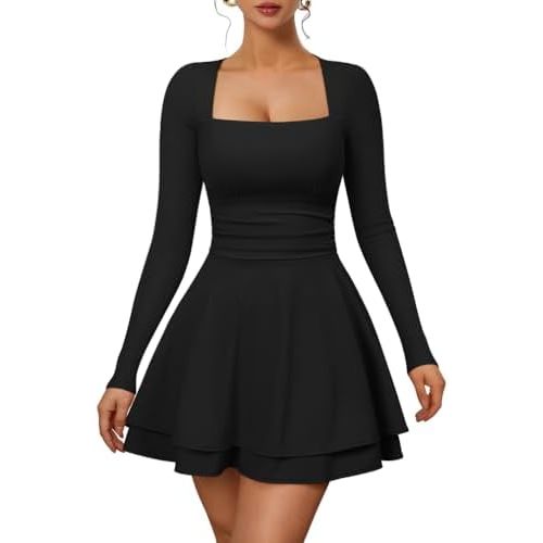 XXTAXN Women's Sexy Long Sleeve Square Neck Flowy Hem Ruched High Waist Party Mini Dress with Side Pocket