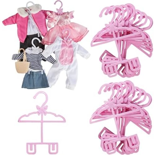Dress Along Dolly Pink Full-Outfit Hanger 24pk for American 18" Doll Clothes- Hold Your Tops & Bottoms Together Including Dresses, Pants, Shirts, Skirts, & Accessories- Perfect Girl Gift Set