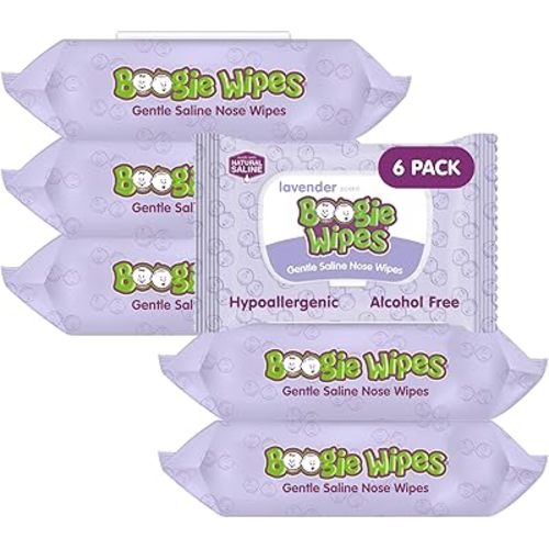 Boogie Wipes Saline Nose Wipes - 180 Count - Lavender Scent, Hypoallergenic & Alcohol-Free - Allergy Relief - Made with Natural Saline, Aloe, Chamomile & Vitamin E - Diaper Bag Essential