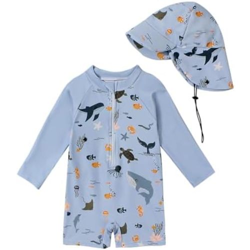 XFGLCK Toddler Infant Baby Boys Swimsuit Long Sleeve Summer Beach Bathing Suit Swimwear with Hat