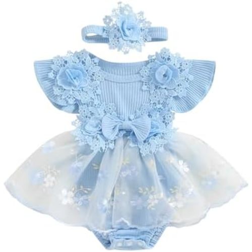 Hnyenmcko Newborn Baby Girl Summer Romper Dress Infant Fly Sleeve Flower Embroidery Mesh Tulle Skirt Hem Ribbed Bodysuit