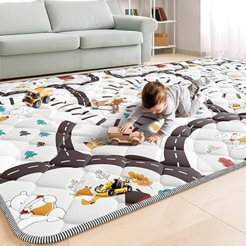 Palopalo 74x50 Foam Baby Floor Play Mat with Train Track Design - 0.8in Thick Cushioning Playmat for Safety, Non-Slip Playpen Mat for Infants & Toddlers, Perfect for Sensory & Motor Skill Development
