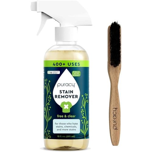 Puracy Stain Remover with Laundry Brush - Natural Spot Cleaner Spray for Clothes and Laundry, Travel and Oil Stain Removal - 12oz