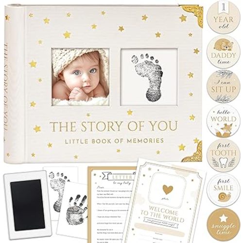 Book Keepsake, Baby Memory Book From Pre-Birth to 5th Year, with 2 Photo Pockets, Milestone Stickers, Hand/Footprint Inkpad, Information Card, Baby Album and Memory Book for Girls or Boys