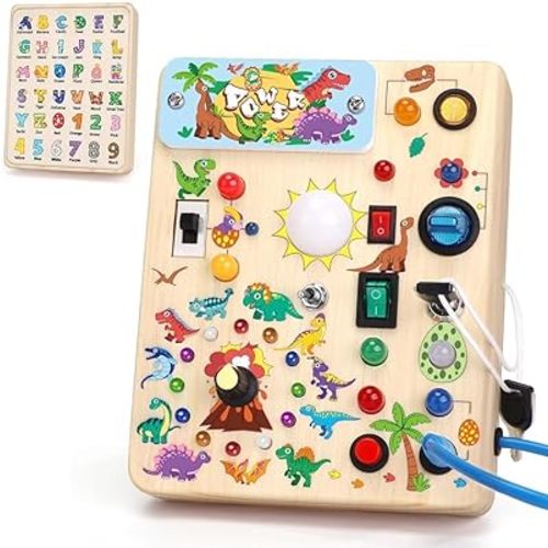 Dinosaur Busy Board with LED Light,Montessori Toy for 1+ Year Old,Engaging Sensory Board for Fine Motor Skills,Gifts & Travel Toys for Toddlers 1-3,Busy Board Plus Version.