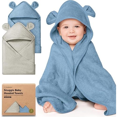KeaBabies 2-Pack Hooded Baby Towels for Newborn - 30x30 Soft & Absorbent Viscose from Bamboo Baby Bath Towels with Hood for Infant, Toddler,Kids,Boys Girls,Newborn Bath Essentials (Steel, Petite)