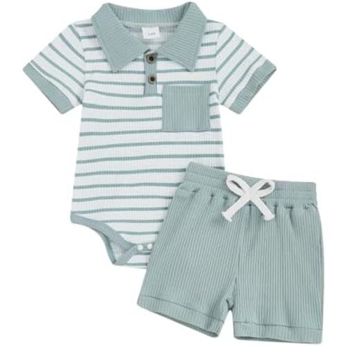 0-18M Baby Boy Summer Clothes Shorts Set Stripes Ribbed Bodysuit Polo Onesie Romper Tops Shorts Summer Outfit Set