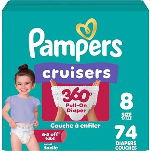 Pampers Diapers - Cruisers 360° - Size 8, 74 Count, up to 100% Leakproof Pull-On Diaper for Active Babies