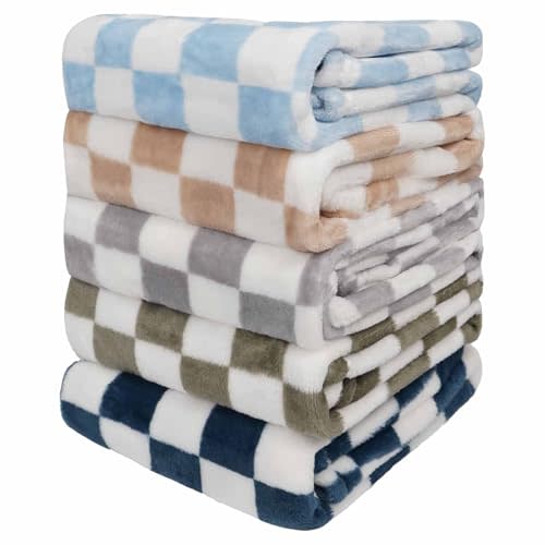 Baby Blanket 5 Pcs Checkerboard Grid Ultra Soft Gift-Ready Plush for Newborns, Nursery & Stroller 30"x40" Green Blue Light Gray Dark Blue Camel