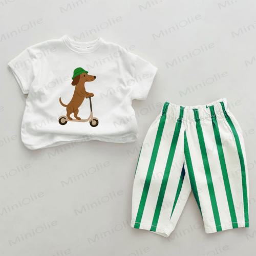 Baby Green Skateboarding Dog Vertical Striped 2-piece Set