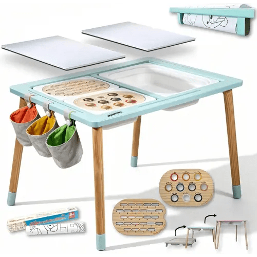 Sensory Table for Toddlers 1 Paper roll Holder 3 Storage Bins 3 Storage Cloth Bags 2 Wooden Inserts 2 Whiteboard 2 Chalkboard 1 Graffiti Scroll. Toddler Sensory Table
