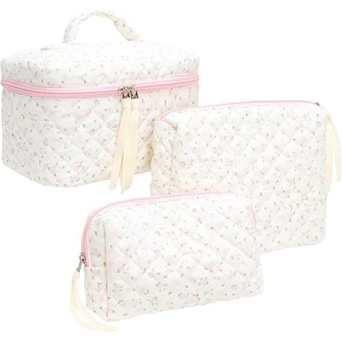 3PCS Makeup Bag SET Large Travel Quilted Zipper Soft Cosmetic Case Pouch for Women Girls Make Up,Little Flower Pink