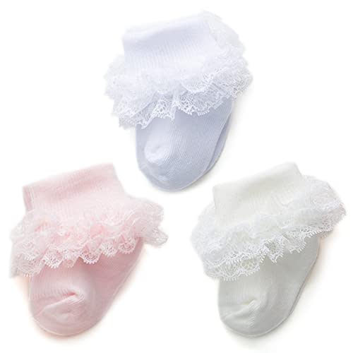 Baby Girl Socks Eyelet Triple Lace Ruffle Socks Turn Cuff Socks 2/3/5 Pairs Ankle Dress Sock for Newborn Infant Toddler