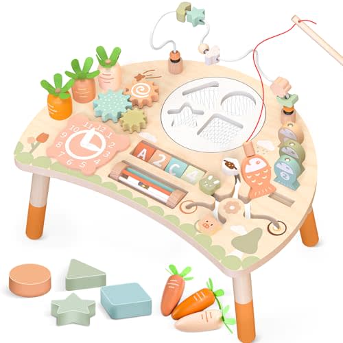 Hewaurorion Wooden Activity Table, 9-in-1 Montessori Sensory Play Table with Shape Sorter Fishing Game Bead Maze, Baby Activity Center Learning Toys for Toddler