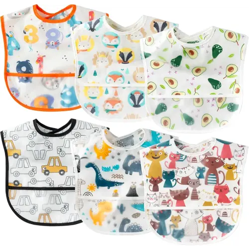 6 Pcs Baby Feeding Bibs Toddler Waterproof Bib Set with Crumb Catcher Pocket Infant Adjustable Baby Teething Bib Babies Food Bibs Keepsake Gift for Baby Shower Christmas New Year, 6-12 Months