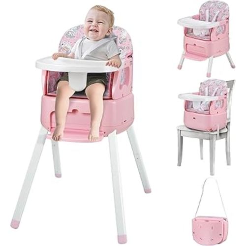 4 in 1 Portable Baby High Chair,Convertible Highchair for Babies & Toddlers-Foldable Infant Booster Seat,Carry Small Box,Dining Chair,Toddler High Chair with 5-Point Harness,Removable Tray-Pink