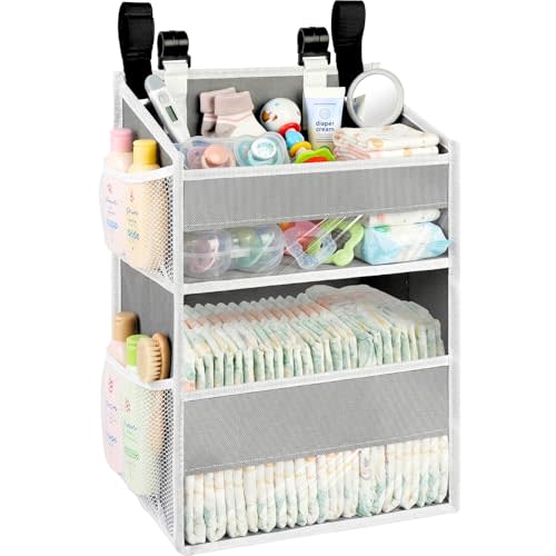 Hanging Diaper Organizer, 2 Tier Hanging Diaper Caddy, Holds 90+ Diapers | Durable Diaper Organizer for Changing Table,Cribs,Car,Playard or Wall & Nursery Organization, 4 Mesh Pockets, Won't Deform