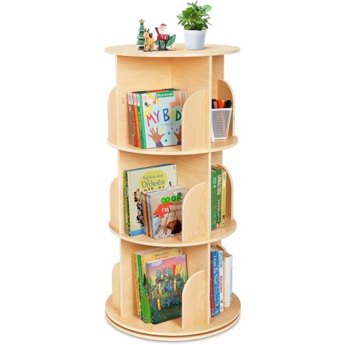 OOOK Kids Rotating Bookshelf, Small Corner Bookshelf for Small Space, 360° Display 3 Tier Floor Standing Bookcase Storage Rack, Wooden Narrow Bookcase Organizer for Bedroom, Living Room