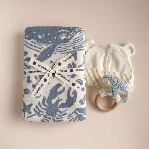 Baby Gift Set Organic Cotton Blanket Nautical with Crab Lobster Whale Ocean Sea Beach Teether for Newborn