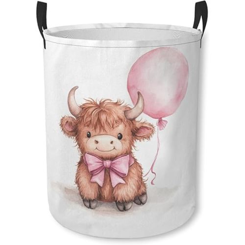 Cute Highland Cow Laundry Basket Pink Balloon Foldable Laundry Hamper with Handles Clothes Storage Bin for Household Bedroom Bathroom College Dorms