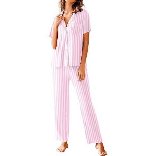 Avidlove Women Pajamas Set Notch Collar Soft Sleepwear Pjs Short Sleeve Button Down Nightwear with Long Pants
