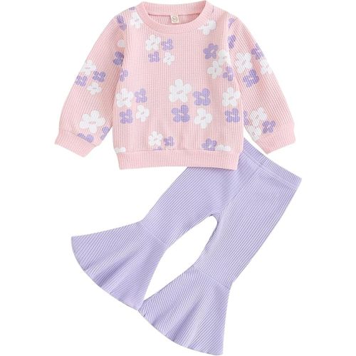 Baby Girl Fall Winter Clothes Floral Knit Crewneck Sweatshirts Flare Pants Set Toddler Bell-Bottoms Outfits