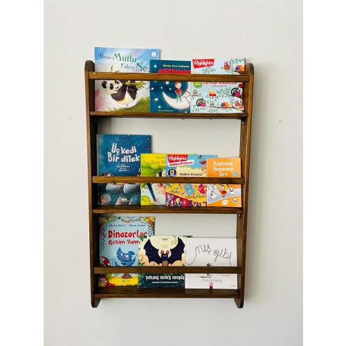 Natural Wood Handmade Walnut Color Kids Wall Mounted Montessori Bookshelf for Nursery, Bedroom (3 Tier, 36" Hx18 W)