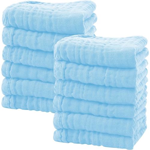 SWEET DOLPHIN 12 Pack Baby Muslin Washcloths - Soft Face Cloths for Newborn, Absorbent Bath Wash Cloths, Wipes, Burp Rag - Toddlers Essentials Stuff, Baby Registry as Shower -10"x10", Aquamarine