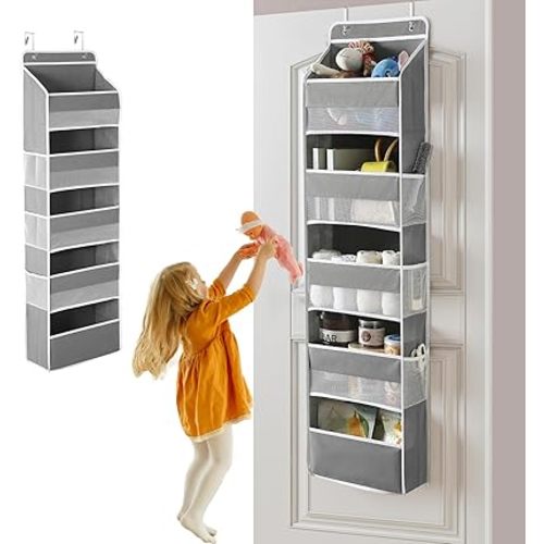 Over The Door Organizer Storage 5 Shelves 1 Pack, Heavy Duty Door Organizer Hanging with Breathable Mesh, Behind The Door Storage Organizer for Bedroom, Nursery, Pantry (Grey)