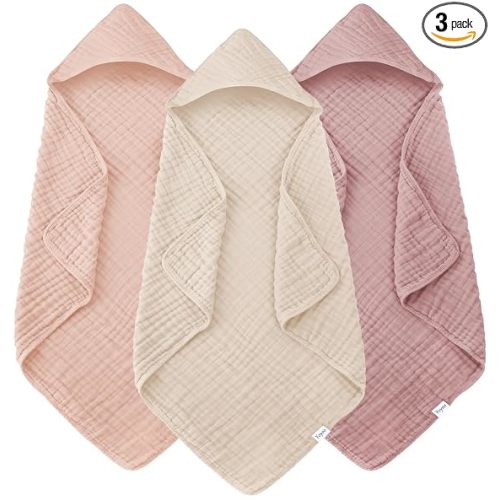Muslin Hooded Baby Bath Towels - 3 Pack 100% Cotton Ultra-Soft Towels for Newborns, Infants, Toddlers - 32x32 Inch - Highly Absorbent, Quick-Dry Essentials for Bath Time, Beach, Pool, Neutral Series