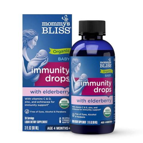 Mommy's Bliss Organic Baby Elderberry Drops, Immune Support with Vitamins, Prebiotics, Zinc & Organic Echinacea, Age 4 Months +, 3 Fl Oz (36 Servings)